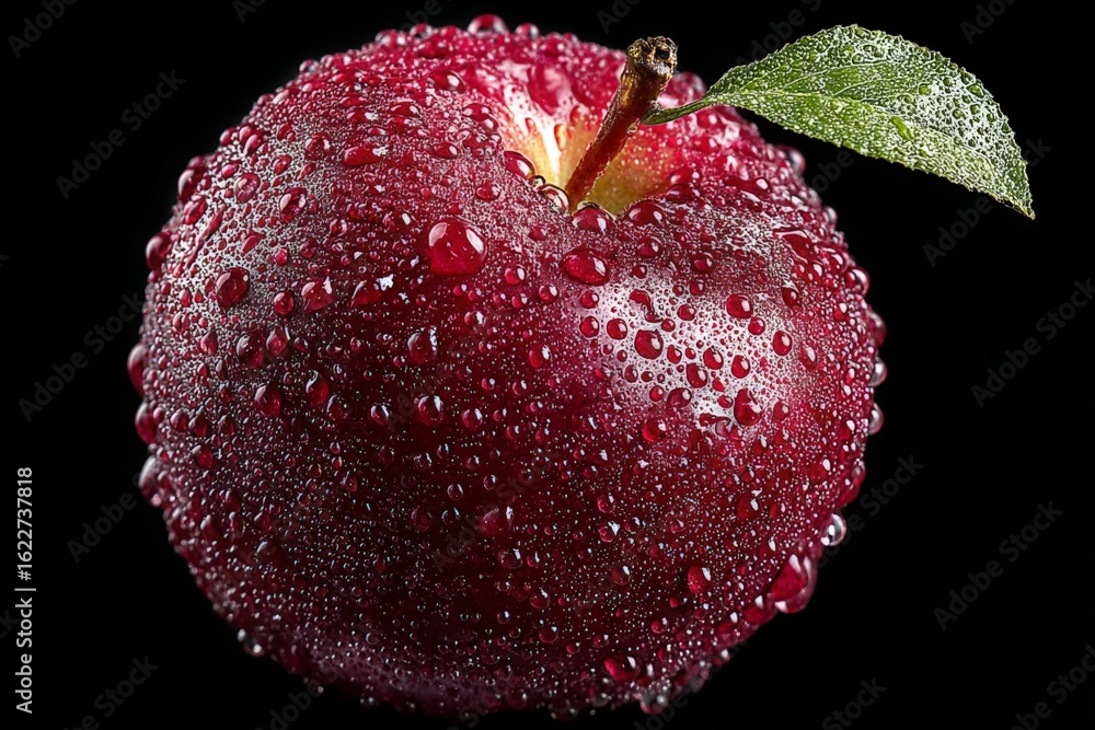 Wall mural freshly washed red apple covered in droplets resting on a dark background showcasing its vibrant col