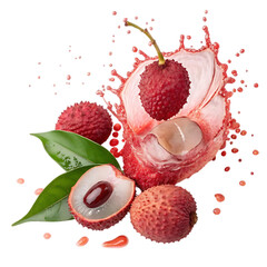 Fresh lychee fruit splash with leaves isolated on transparent background