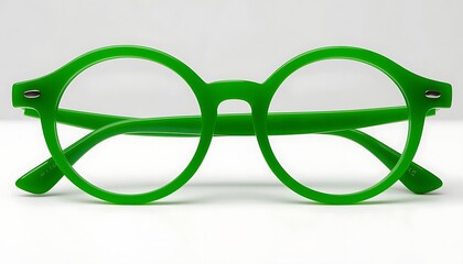 Green eyeglasses with circular lenses and thin temples are showcased, emphasizing their modern design