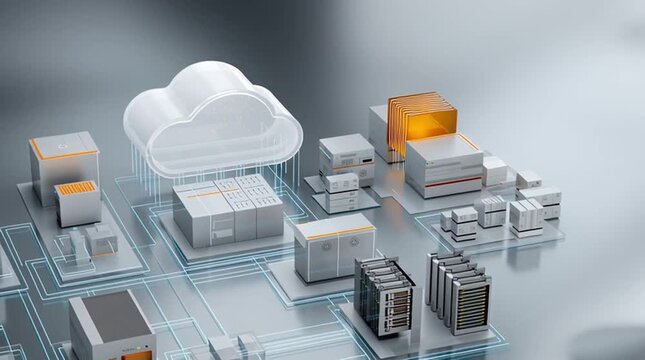 Hybrid Cloud Solution. Abstract network of digital servers and cloud computing icons.