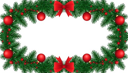 Christmas garland frame with red balls and bows, decorating a white background, perfect for greeting cards