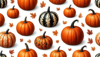 Seamless pattern of pumpkins and autumn leaves forming a festive composition on a white background, ideal for seasonal celebrations and harvest themes