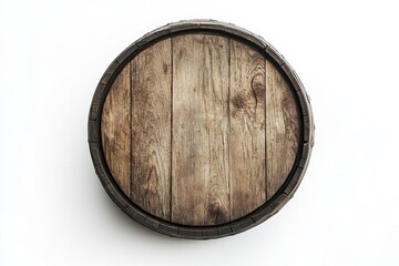 Top view of rustic wooden barrel lid isolated on white background with natural texture