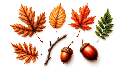 Colorful autumn leaves, acorns and small twig lying on white background creating beautiful fall arrangement