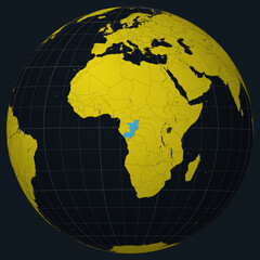 Republic of the Congo on Globe. Country view on the world map in Charcoal Bright Yellow color palette. Republic of the Congo shape on map. Globe with meridians, parallels, countries, rivers and lakes.