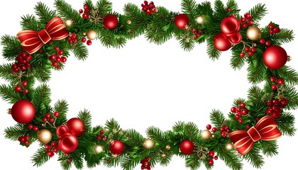 Christmas garland frame with red and gold ornaments, red berries, green leaves and red bows, decorating a white background