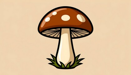 Cartoon illustration featuring a vibrant mushroom emerging from lush grass, showcasing a brown cap adorned with distinctive white spots