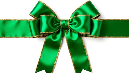 Shiny green satin ribbon with gold edges tied in a bow, isolated on a white background, perfect for gift wrapping and decoration