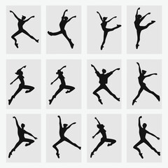 Fototapeta premium Twelve Silhouettes of Dancers in Dynamic Poses on Light Gray Background movement