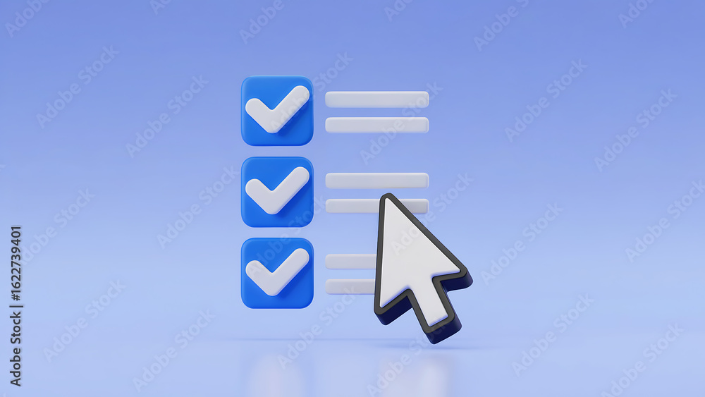 Fototapete a three d render of a checklist with blue checkmarks and a computer cursor on a light blue backgroun