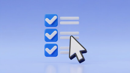 A three d render of a checklist with blue checkmarks and a computer cursor on a light blue background
