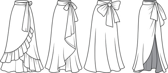 Women’s long wrap skirts fashion design sketches, bow tie waist, ruffle hem, flowing fabric, elegant, casual, summer style skirts