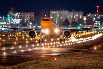 Aircraft Taking Off at Night with Vibrant City Lights in the Background