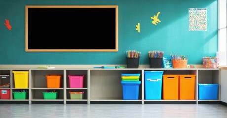 Classroom interior features storage cubbies, colorful bins, chalkboard. Bright teal walls provide cheerful learning space.
