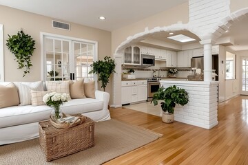 Cozy Open-Plan Living Room with White Furniture and Natural Elements
