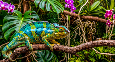 Chameleon on branch against colorful blooming jungle backdrop, lizard uses camouflage to hide behind an insect, chameleon hunting scene, food chains and interactions in tropical rainforest ecosystem