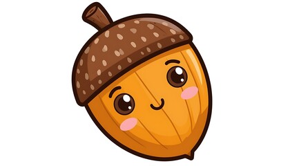 Illustration of a cute cartoon acorn smiling with kawaii eyes and cap, isolated on white background
