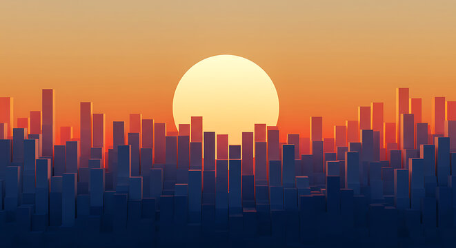 Abstract Geometric City Skyline Vibrant Sunset Sky - Powered by Adobe