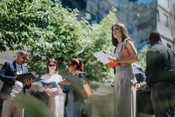 A group of business colleagues engaged in discussion while referencing documents outdoors near modern buildings.