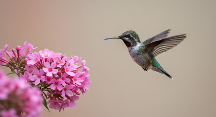 Fototapeta premium Hummingbird feeding on vibrant pink blossoms, capturing delicate motion and natural beauty in a serene floral environment 