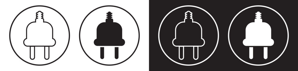 Electric plug icons vector. Black and white variants in circle
