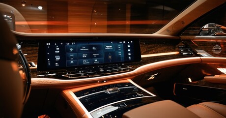 Luxury vehicle interior. Dark tones, ambient lighting, modern dashboard design. Comfortable seating visible. Sophisticated, premium feel.