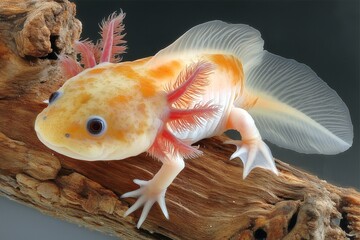 Axolotl with Fiery Orange and Pink Highlights Resting on a Wooden Log