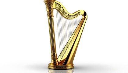 Golden harp positioned against a white background, embodying the essence of music, artistic expression, and luxurious elegance