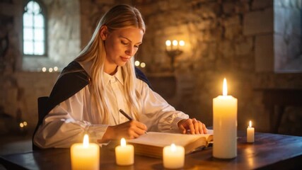 Woman writing by candlelight - Powered by Adobe