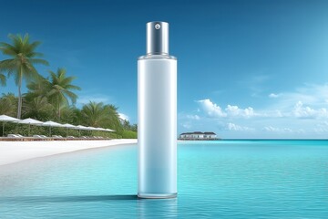 Minimalist Bottle of a Beauty Product Standing on a Tropical Beach with Palm Trees