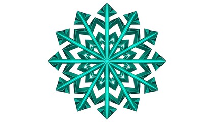 Teal metallic snowflake with sharp edges standing out against white background, evoking winter, Christmas, and cold weather