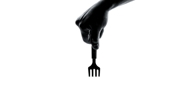 Hand holding fork culinary minimalist style high contrast isolated on transparent background, png - Powered by Adobe