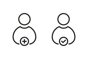 Outlined user icons with checkmark and plus signs, representing profile add and verification concepts in minimal line art style for apps or websites.