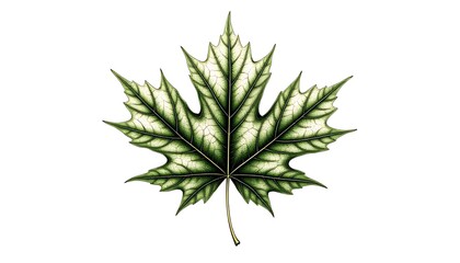 Realistic drawing of a green maple leaf isolated on a white background, representing nature, Canada and autumn