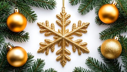 Christmas composition framing green fir branches and golden christmas ornaments and snowflake on white background, creating a festive atmosphere