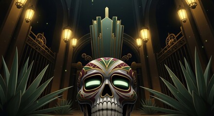 Art Deco skull illustration, ideal for Day of the Dead designs, Halloween posters, or themed party invitations. Striking, festive, and visually captivating, perfect for graphics.