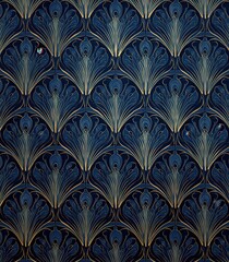 seamless art deco peacock feather pattern in gold and navy blue