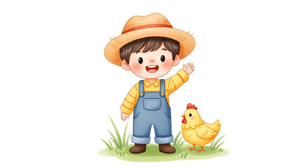 Happy Little Farmer Boy with Chicken on Farm