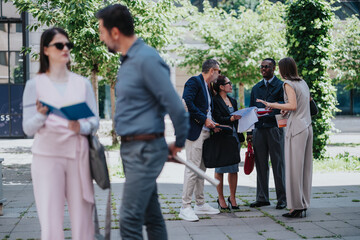 Obraz premium A group of diverse business people engaging in a discussion outdoors, exchanging documents, and sharing ideas while standing in a modern, leafy urban setting.