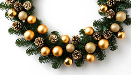 Christmas wreath decorating with golden balls and pine cones on white background, creating a festive atmosphere