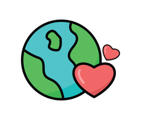Cute Earth icon with heart symbols representing love for the planet and environmental care in flat style perfect for eco-friendly design themes.
