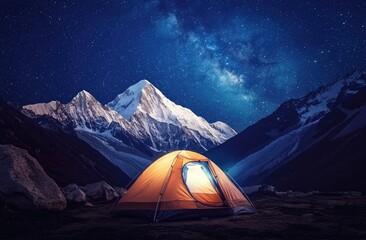 Orange tent nestled at the base of snow-capped mountains under a starry night sky.