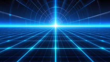 Fototapeta premium Abstract Digital Grid Tunnel with Bright Blue Light Convergence and Geometric Patterns