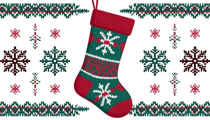 Knitted christmas stocking with snowflakes pattern hanging on white background with knitted borders and snowflakes decorations, ideal for christmas themes