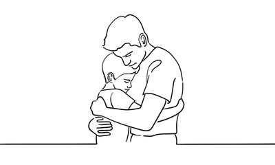 Continious line happy father hugs his son on white background. Parents with baby outline. Line art drawing. Vector illustration