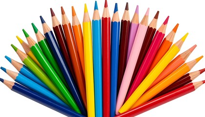 Set of colored pencils arranged in a semicircle shape, isolated on a white background, ready for artistic creation