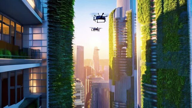 smart city with vertical greenery integrated into skyscrapers and drones flying between eco-urban corridors. Futuristic urban design lush vegetation and autonomous aerial vehicles.