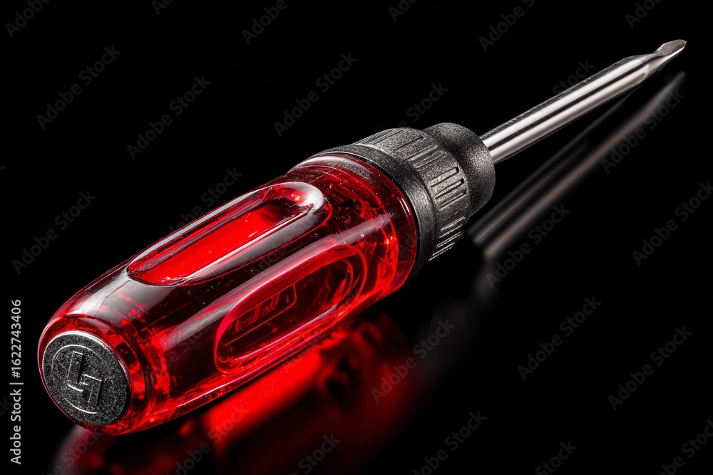Poster screwdriver with a red handle resting on a reflective black surface showcasing its design and functi