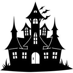 Spooky castle silhouette with flying bats haunted house