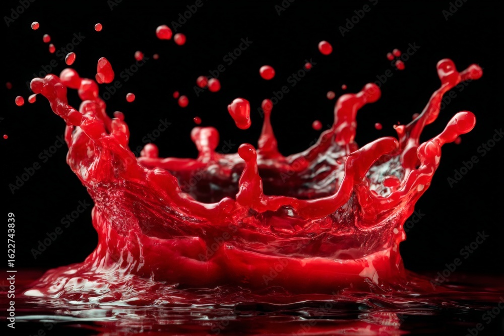 Poster bright red liquid splashes dramatically against a dark background creating an artistic composition i